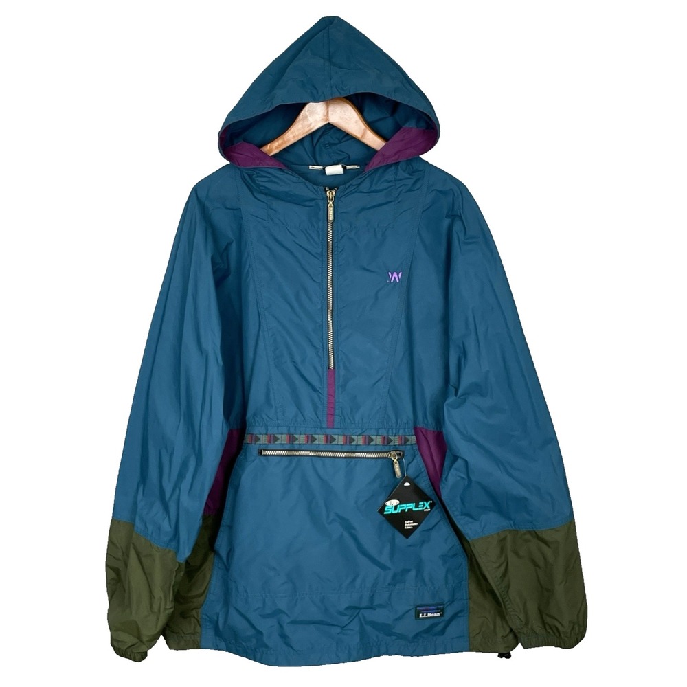 VTG LL Bean Embroidered‎ Trim Pullover Anorak Jacket Mens XL Teal Hood Outdoor